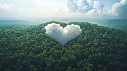 Love Above the Forest: Create an image of a heart-shaped cloud floating above a dense, green forest, adding a touch of romance to the wilderness