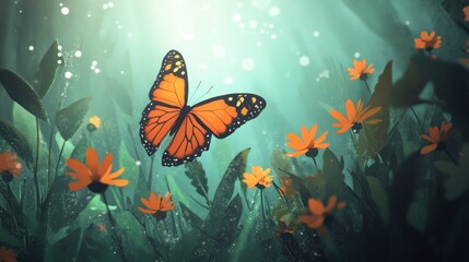 Poster - A Monarch Butterfly in Flight Amongst Orange Flowers and Green Foliage