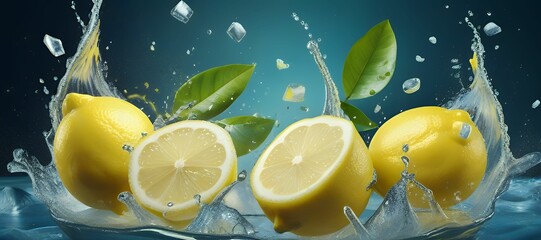 Fresh lemons falling into water with splash on orange background closeup