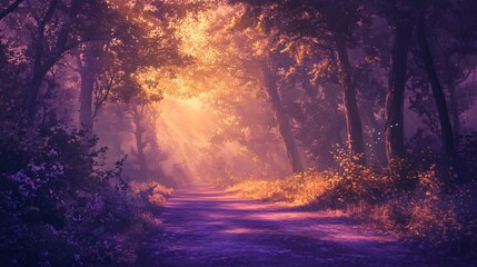Wall Mural - magical forest path bathed in warm golden light with a purple haze and a mystical feel.