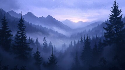Wall Mural - misty mountain valley with silhouetted pine trees and a starry sky at dusk.