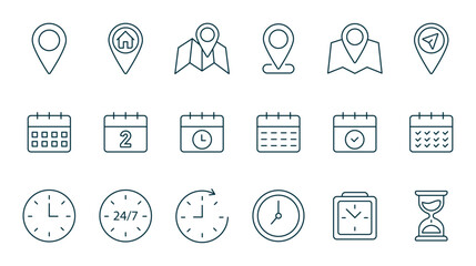 time, calendar and location line icons set. point, map, gps navigator, timing, timer, alarm. isolate