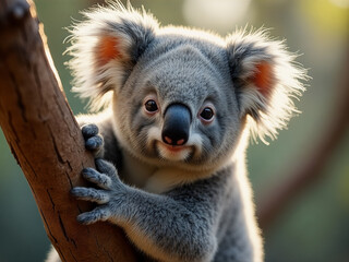 Baby koala is sitting on a tree branch