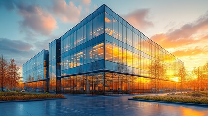 An image of a large modern office building within an industrial zone and technology park, highlighting tech-driven architecture.