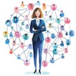 © NatthaphonSiri - Watercolor illustration of a woman in a suit standing in the middle of a network of people.