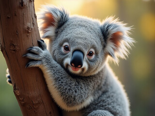 baby koala is sitting on a tree branch