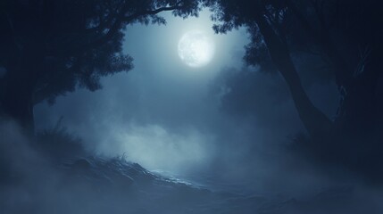 Wall Mural - mystical forest path illuminated by the moon at night.