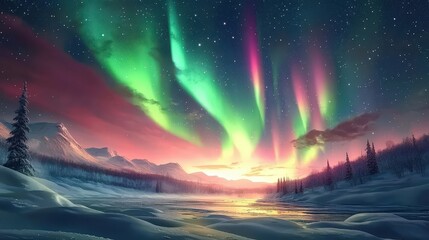 Northern Lights Over a Snowy Landscape: Illustrate the Northern Lights illuminating a vast snowy landscape, with shades of green, pink, and purple dancing in the night sky