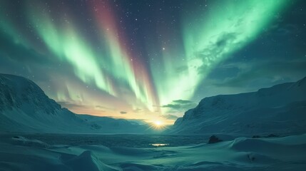 Northern Lights Over a Snowy Landscape: Illustrate the Northern Lights illuminating a vast snowy landscape, with shades of green, pink, and purple dancing in the night sky