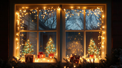 Twinkling Christmas lights illuminate cozy window, creating festive atmosphere with decorated trees and wrapped gifts. warm glow evokes holiday cheer and joy