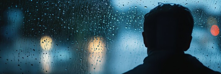 Aufkleber - A solitary figure stands by a rain-covered window, lost in thought as droplets trickle down the glass, embodying a mood of solitude. Generative AI