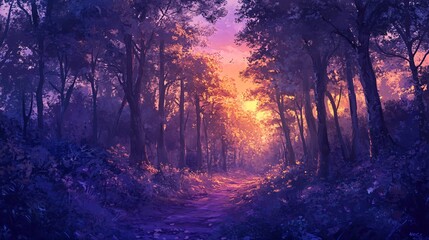 Wall Mural - purple and orange sunset through silhouettes of trees.