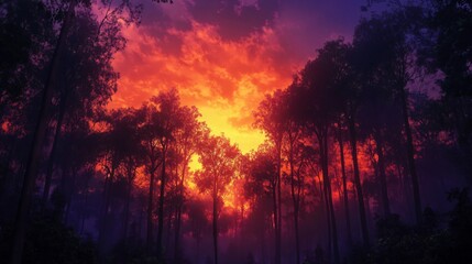 Wall Mural - silhouette of a dense forest with a colorful sunset in the background.