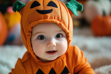 Cute baby celebrating Halloween time made with generative ai technology