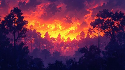 Wall Mural - silhouette of a forest with a bright orange and yellow sky above.