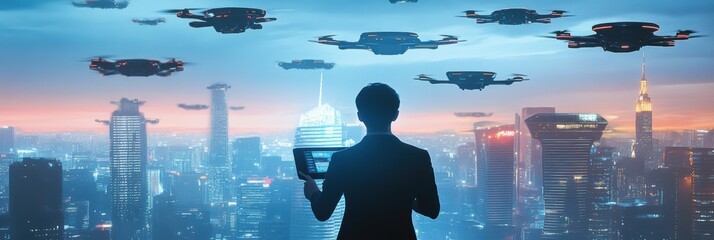 Fototapete - In a high-tech control center, a drone pilot expertly manages a swarm of sleek drones against a colorful city skyline during twilight. Generative AI