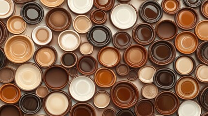 Poster - Overlapping coffee cup rings create a visually striking abstract pattern with various shades of brown showcasing an organic design. Generative AI