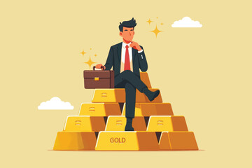 professional person with briefcase sitting relaxed on pile of gold