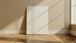 © AImg - Artist picture mockup in floor at sunlight. Art poster template near beige wall in empty room advertising image. Minimalist house interior with painting mock up product photorealistic