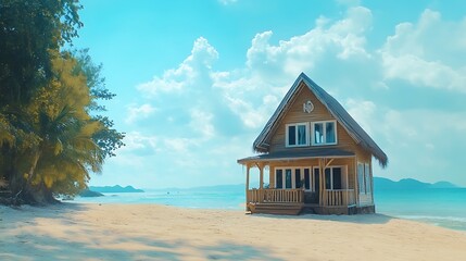 A small wooden beach house on a sandy beach with a blue sky and white clouds.