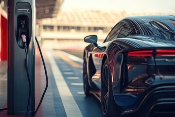 A sleek electric car charging at a modern station, showcasing technology and innovation.