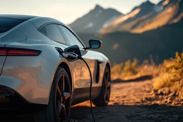 A sleek electric car charging in a scenic mountain landscape at sunset.