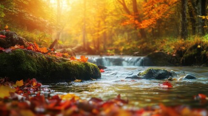 Wall Mural - Picture a river flowing through a vibrant autumn landscape, set against a green screen.