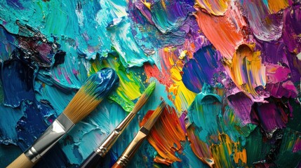 Poster - Bright colors splash across a palette while brushes rest alongside a canvas, inviting artistic exploration and creativity in a studio. Generative AI