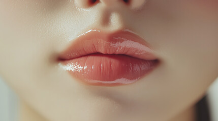 Aufkleber - 若いアジア人女性の唇のクローズアップ。潤いのあるピンク色の口紅を付けている可愛い口元。