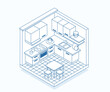 © Tara - Bright isometric kitchen illustration made with lines: stylish and modern vector design with clear interior detailing. Linear kitchen image is suitable for architectural projects and graphic design.