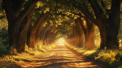 Wall Mural - sun shining through a tunnel of trees on a dirt path.