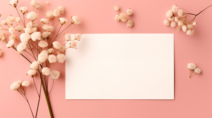 Blank card mockup with fluffy cotton flowers on pink background. Elegantly arranged paper template advertising image. Cozy and soft natural aesthetic mock up product photorealistic