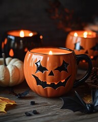 Halloween decorations with pumpkin mug candle and bat decor