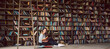 © Iryna&Maya - girl sitting on the floor in big library with many bookshelves at the background. Happy smiling weekend hobby time. Long horizontal banner atmospheric interior