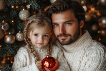 Portrait of a father and daughter decorating a Christmas tree. Christmas concept. Happy family decorating christmas tree