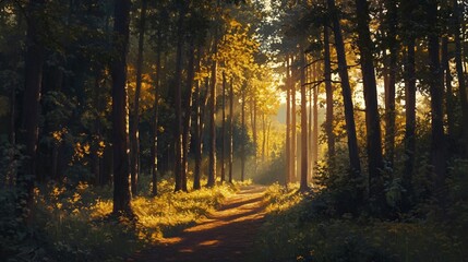Wall Mural - sunbeams filtering through dense forest trees illuminating a path in the woods.