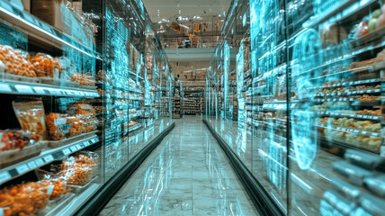 A futuristic grocery aisle features illuminated shelves lined with various packaged goods, showcasing a modern shopping experience.