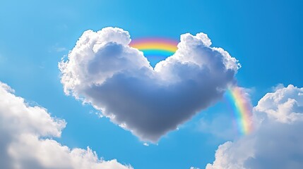 Wall Mural - Rainbow Heart: Create an image of a heart-shaped cloud with a rainbow arching above it, symbolizing love and happiness