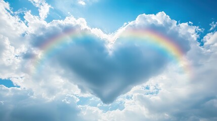 Wall Mural - Rainbow Heart: Create an image of a heart-shaped cloud with a rainbow arching above it, symbolizing love and happiness