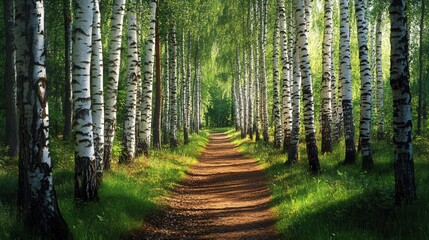 Wall Mural - sunbeams illuminate a path through a birch tree forest, creating a peaceful and serene atmosphere.