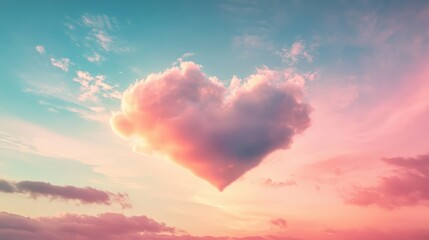 Romantic Skies: Illustrate a heart-shaped cloud floating gently in a pastel sunset sky, symbolizing love and tranquility.