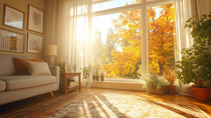 Wall Mural - Living room with sunlight streaming through the window in the morning.