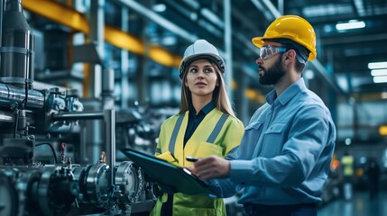 Sticker - Engineers collaborating in a manufacturing facility during a quality control process in the evening