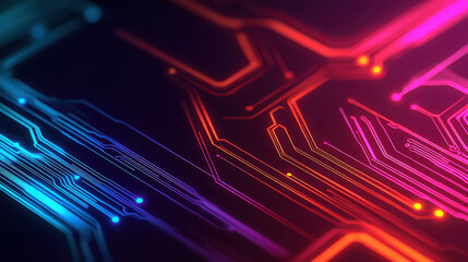 Abstract circuit board design with neon glowing lines on a dark background.