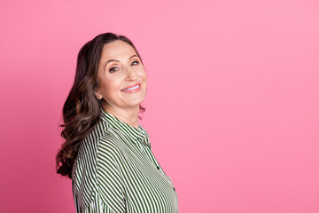 Poster - Profile portrait of pretty aged woman empty space wear striped shirt isolated on pink color background