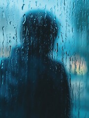 Aufkleber - A lone figure stands by a rain-covered window, lost in thought as raindrops trickle down the glass, evoking a sense of solitude and introspection. Generative AI