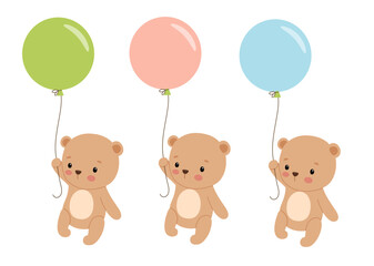 Wall Mural - Cute bear is flying with balloon. Baby animal isolated hand drawn vector illustration