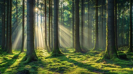 Wall Mural - sunbeams shine through tall trees in a dense forest.