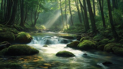 Wall Mural - sunbeams shine through the trees illuminating a moss-covered stream in a dense forest.