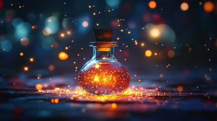 Wall Mural - small potion bottle glowing softly with little stars, surrounded by magical ambiance. enchanting lig